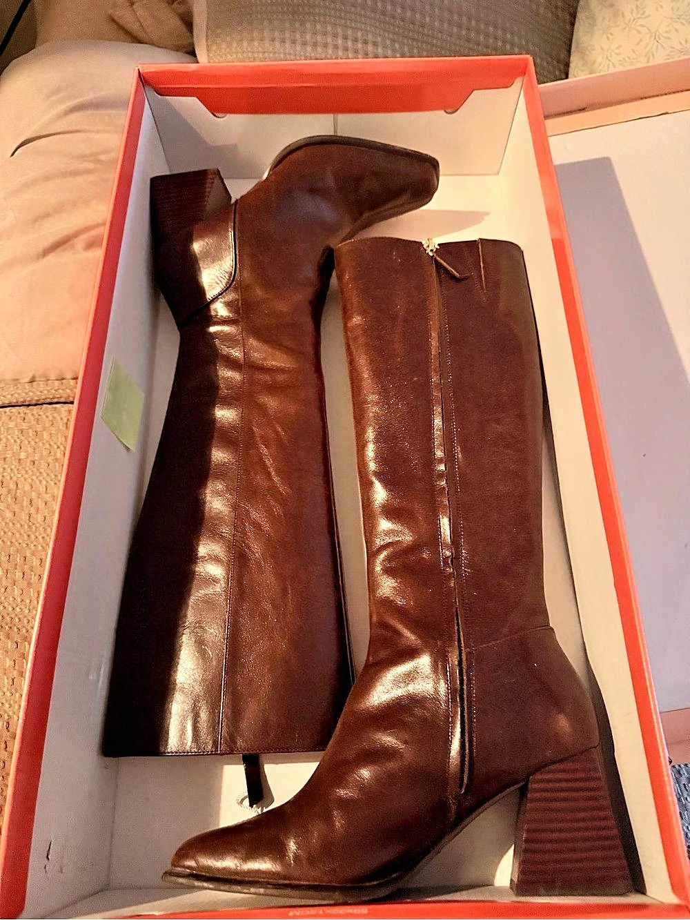 GB Sole-Sister Glossy Leather Square Toe Block Heel Tall Boots Brown Square Toe